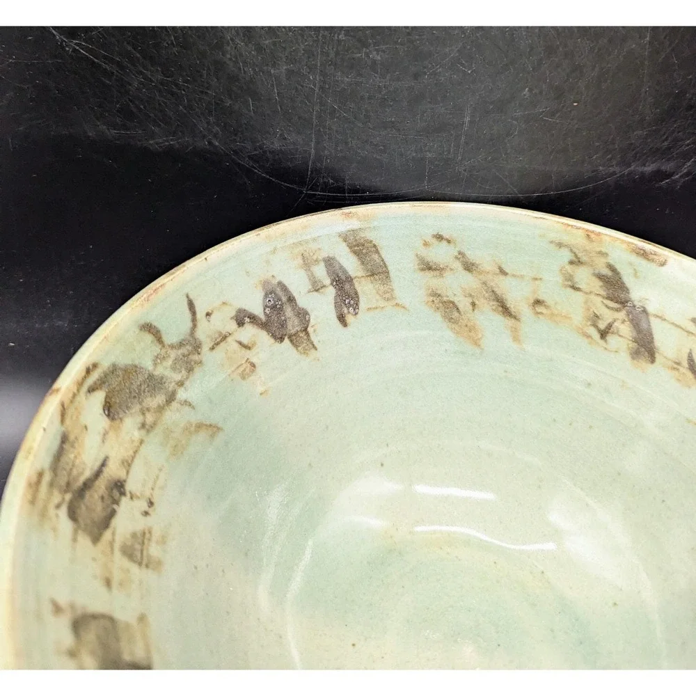 Vintage Studio Art Pottery Green Glaze Ceramic Console Fruit Bowl Signed 9.5